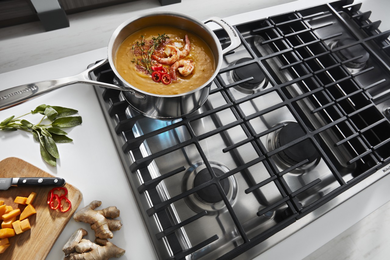 Cooktops with downdraft functionality from KitchenAid. Cooktops with downdraft functionality from KitchenAid.